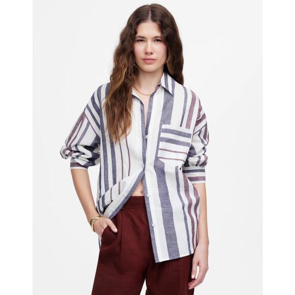 Madewell Shirred Button-Up Shirt WMNS M White Striped Linen-Cotton Blend Y-Neck - Picture 1 of 11